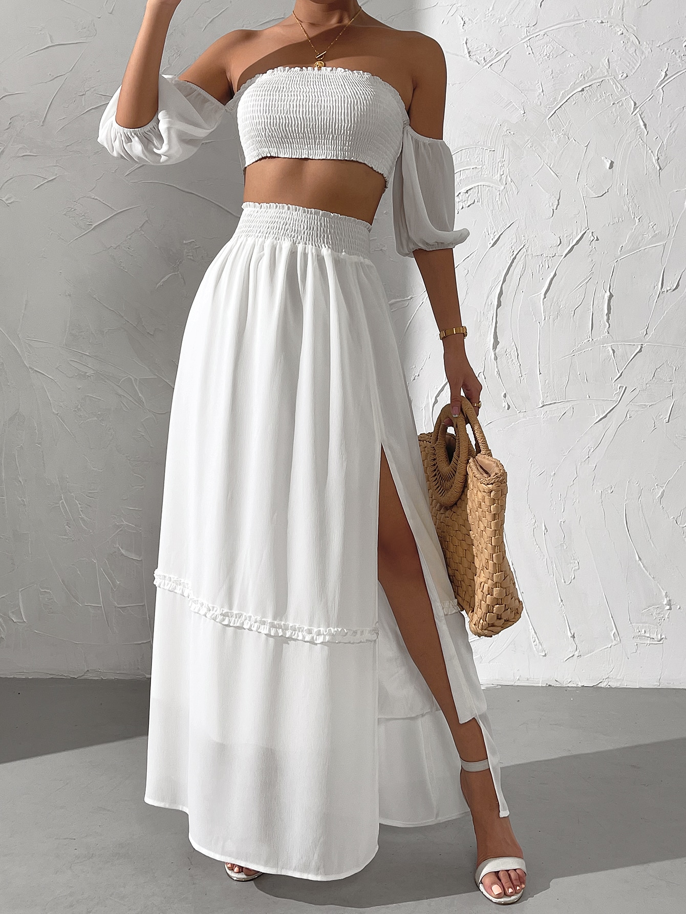 SHEIN Unity Off Shoulder Shirred Tie Back Crop Top & Split Thigh Skirt ...