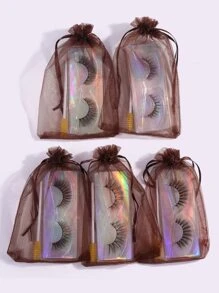 5pairs Volumized False Eyelashes & 5pcs Disposable Brush With Storage Bag - Black - View 1