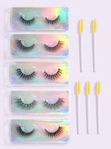 5pairs Volumized False Eyelashes & 5pcs Disposable Brush With Storage Bag - Black - View 2