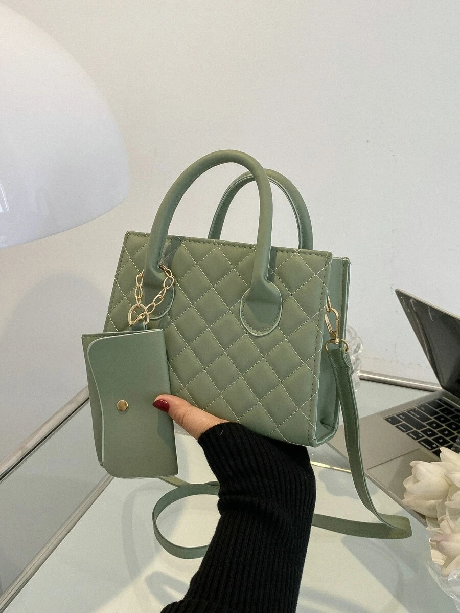 輕量級商務休閒鑽石格紋拼接雙手柄方形包,配有包,適用於青少年女孩、女大學生、新手和白領,適用於辦公室、學校、工作、業務、通勤、戶外、旅行、外出等,女士包包帶包 - 綠色 - 查看 1