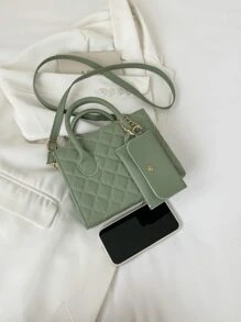 輕量級商務休閒鑽石格紋拼接雙手柄方形包,配有包,適用於青少年女孩、女大學生、新手和白領,適用於辦公室、學校、工作、業務、通勤、戶外、旅行、外出等,女士包包帶包 - 綠色 - 查看 4