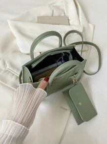 輕量級商務休閒鑽石格紋拼接雙手柄方形包,配有包,適用於青少年女孩、女大學生、新手和白領,適用於辦公室、學校、工作、業務、通勤、戶外、旅行、外出等,女士包包帶包 - 綠色 - 查看 5