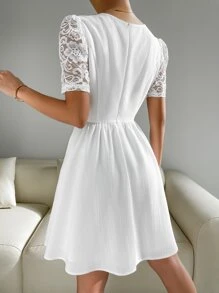 Vestido línea A con encaje - Blanco - Ver 2