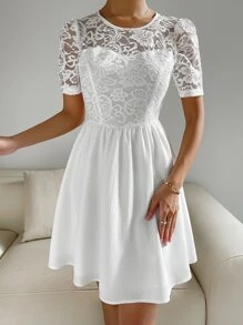 Vestido línea A con encaje - Blanco - Ver 3