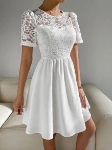 Vestido línea A con encaje - Blanco - Ver 5