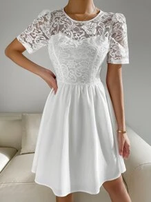Vestido línea A con encaje - Blanco - Ver 6
