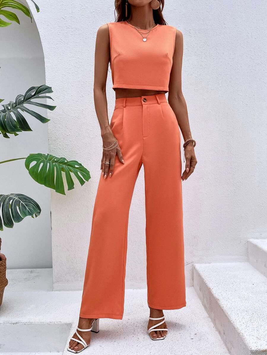 SHEIN VCAY 素色後鎖孔上衣和闊腿褲 - 珊瑚橙 - 查看 1