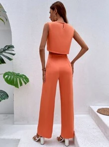 SHEIN VCAY 素色後鎖孔上衣和闊腿褲 - 珊瑚橙 - 查看 2