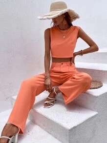 SHEIN VCAY 素色後鎖孔上衣和闊腿褲 - 珊瑚橙 - 查看 4