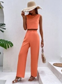 SHEIN VCAY 素色後鎖孔上衣和闊腿褲 - 珊瑚橙 - 查看 5