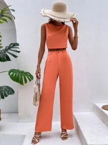 SHEIN VCAY 素色後鎖孔上衣和闊腿褲 - 珊瑚橙 - 查看 6