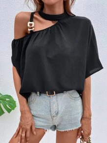 SHEIN Unity Solid Asymmetrical Neck Blouse - Black - View 1