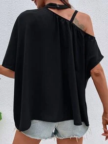 SHEIN Unity Solid Asymmetrical Neck Blouse - Black - View 2