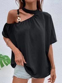 SHEIN Unity Solid Asymmetrical Neck Blouse - Black - View 3