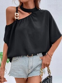 SHEIN Unity Solid Asymmetrical Neck Blouse - Black - View 4