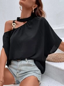 SHEIN Unity Solid Asymmetrical Neck Blouse - Black - View 5