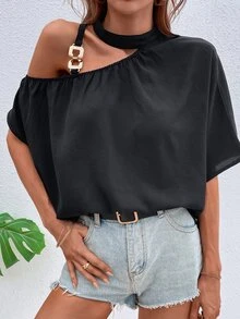 SHEIN Unity Solid Asymmetrical Neck Blouse - Black - View 6