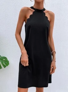 Keyhole Back Scallop Trim Halter Dress - Black - View 1