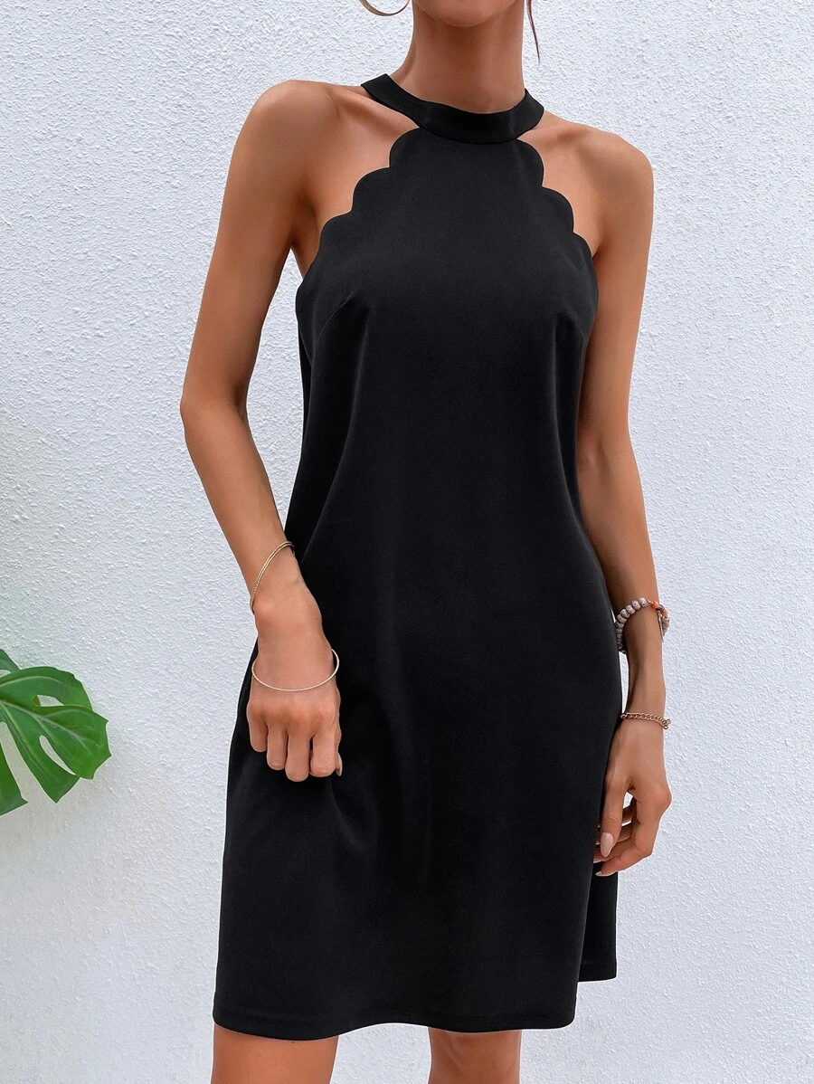 Keyhole Back Scallop Trim Halter Dress - Black - View 1