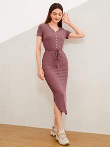 Mulvari 前紐扣抽繩下擺開叉洋裝 - 紅木色 - 查看 1