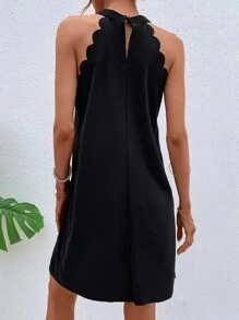 Keyhole Back Scallop Trim Halter Dress - Black - View 2