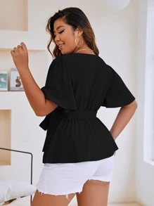 SHEIN Clasi 大碼蝴蝶袖荷葉邊下擺腰帶襯衫 - 黑色 - 查看 2