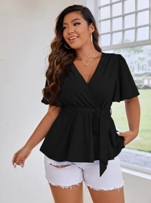 SHEIN Clasi 大碼蝴蝶袖荷葉邊下擺腰帶襯衫 - 黑色 - 查看 3