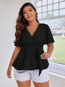 SHEIN Clasi 大碼蝴蝶袖荷葉邊下擺腰帶襯衫 - 黑色 - 查看 4