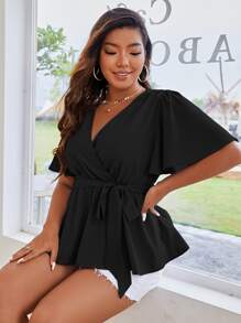 SHEIN Clasi 大碼蝴蝶袖荷葉邊下擺腰帶襯衫 - 黑色 - 查看 6