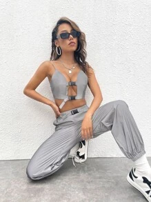 SHEIN ICON Reflective Push Buckle Detail Cami Top And Trousers Set - Grey - View 3
