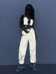 SHEIN ICON Reflective Push Buckle Detail Cami Top And Trousers Set - Grey - View 1