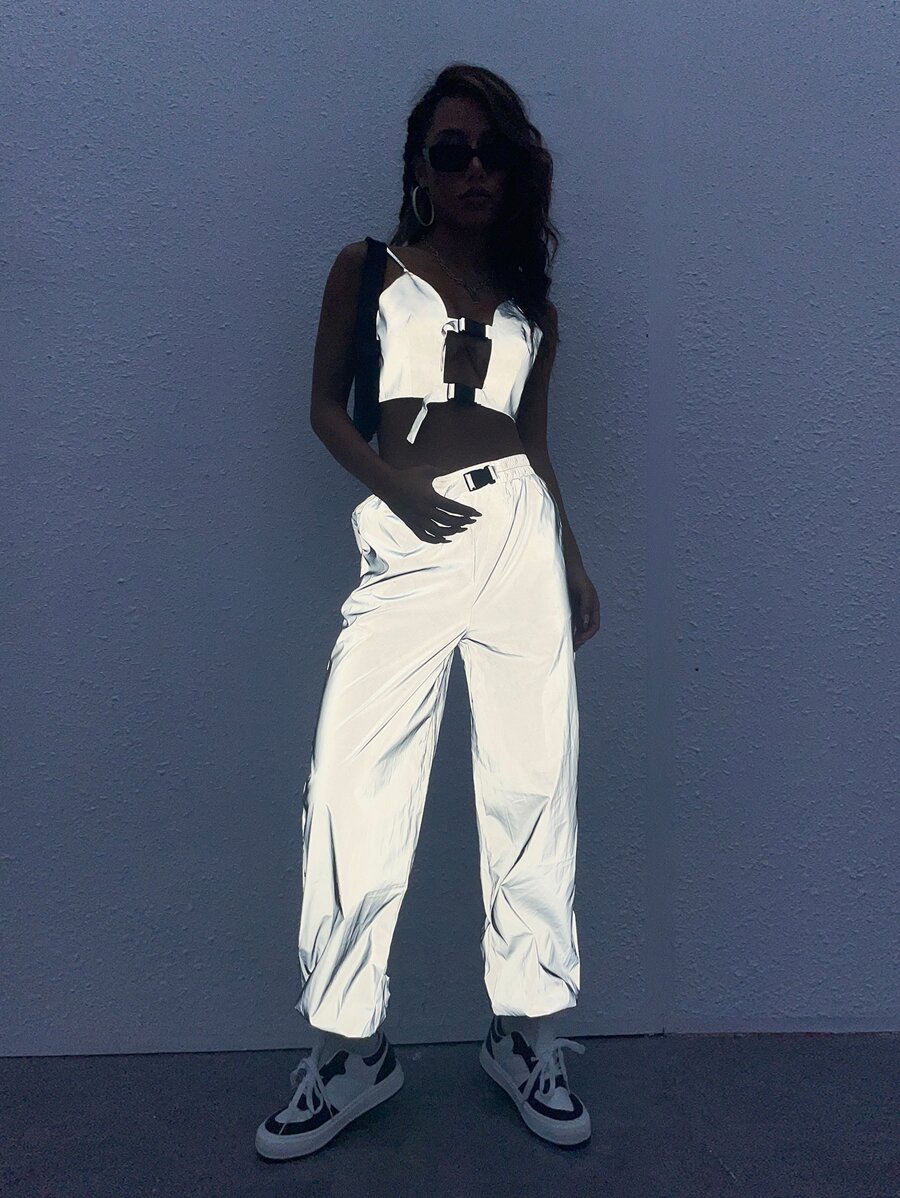 SHEIN ICON Reflective Push Buckle Detail Cami Top And Trousers Set - Grey - View 1