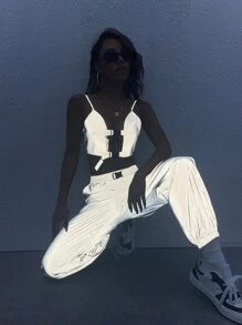 SHEIN ICON Reflective Push Buckle Detail Cami Top And Trousers Set - Grey - View 2