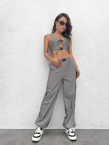 SHEIN ICON Reflective Push Buckle Detail Cami Top And Trousers Set - Grey - View 5