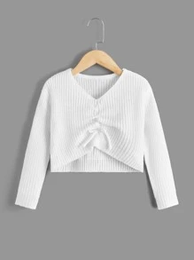 SHEIN Toddler Girls Ruched Bow Front Ribbed Knit Jumper - White - View 1