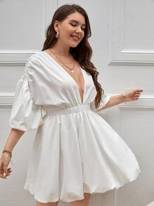 SHEIN Privé Robe trapèze décolleté manches bouffantes - Blanc - Voir 4