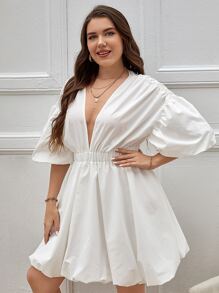 SHEIN Privé Robe trapèze décolleté manches bouffantes - Blanc - Voir 5
