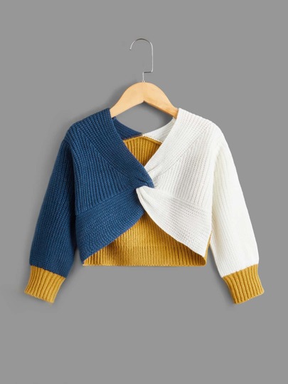SHEIN Toddler Girls Color Block Twist Front Sweater
