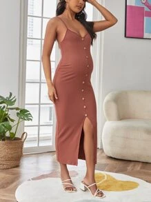SHEIN Maternidad Vestido de tirantes con botón delantero de muslo con abertura tejido de canalé - Color caoba - Ver 5