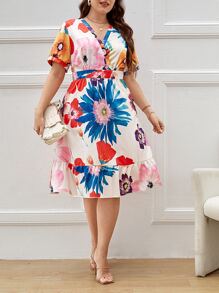 SHEIN VCAY Vestido con estampado floral escote cruzado bajo con fruncido - Multicolor - Ver 1