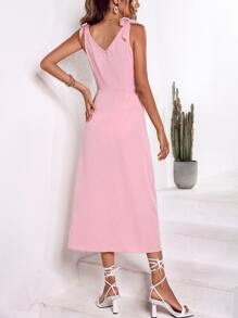 SHEIN Holidaya Tie Shoulder Button Through Dress - Pink - View 2