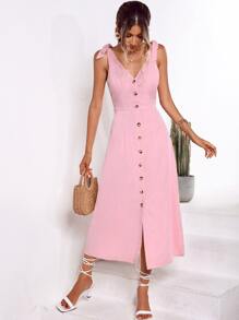 SHEIN Holidaya Tie Shoulder Button Through Dress - Pink - View 3