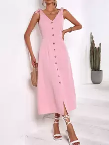 SHEIN Holidaya Tie Shoulder Button Through Dress - Pink - View 5