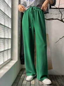 DAZY 腰部抽繩闊腿褲 - 綠色 - 查看 3