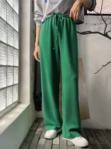 DAZY 腰部抽繩闊腿褲 - 綠色 - 查看 1