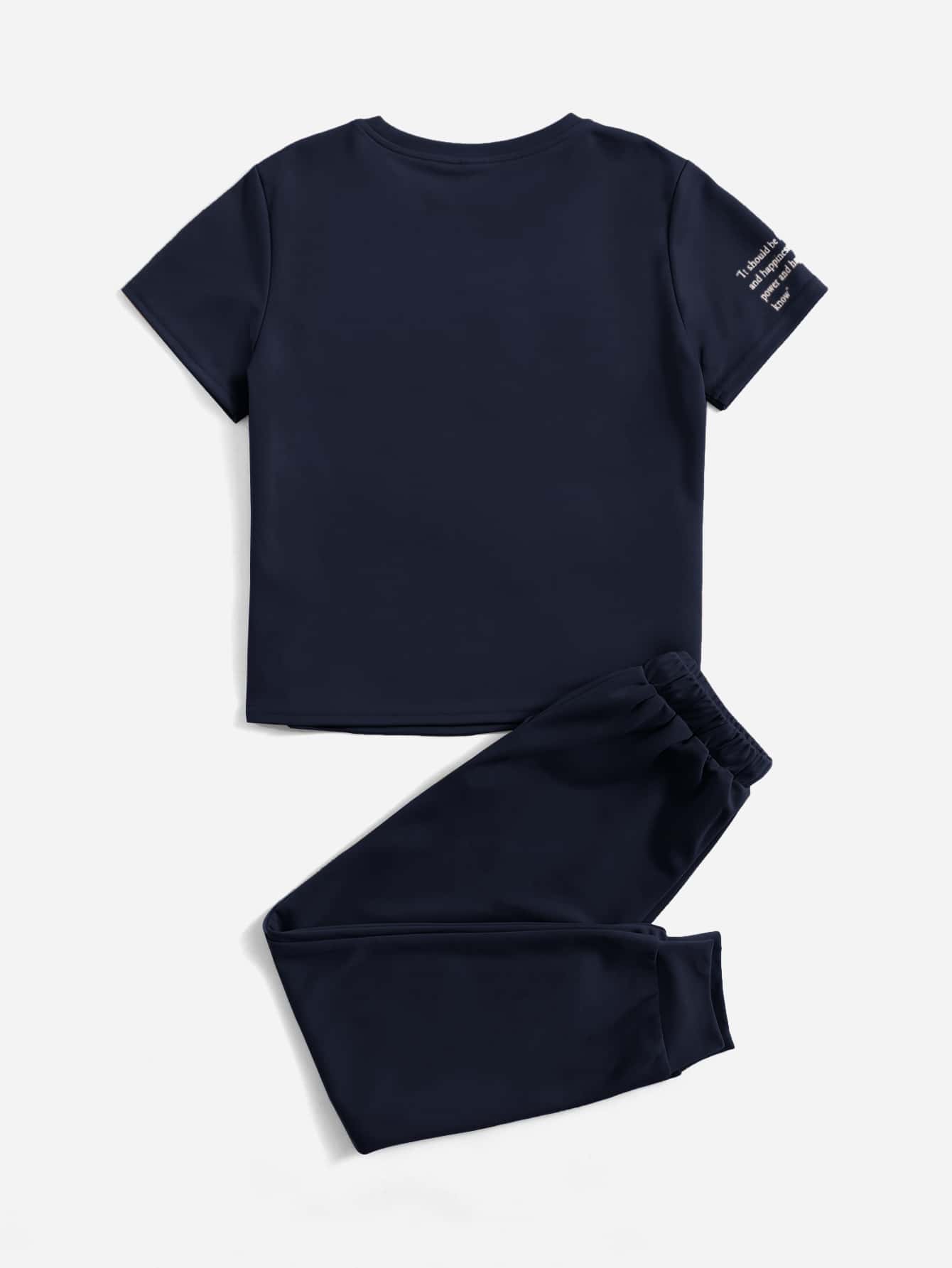SHEIN Leap Crew เด็กผู้ชาย ชุดเสื้อยืด พิมพ์ สโลแกน & กางเกงวอร์ม - สีกรมท่า - ดู 2