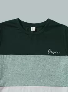 SHEIN 青少年男孩字母圖形拼色t恤和短褲套裝 - 墨綠色 - 查看 3