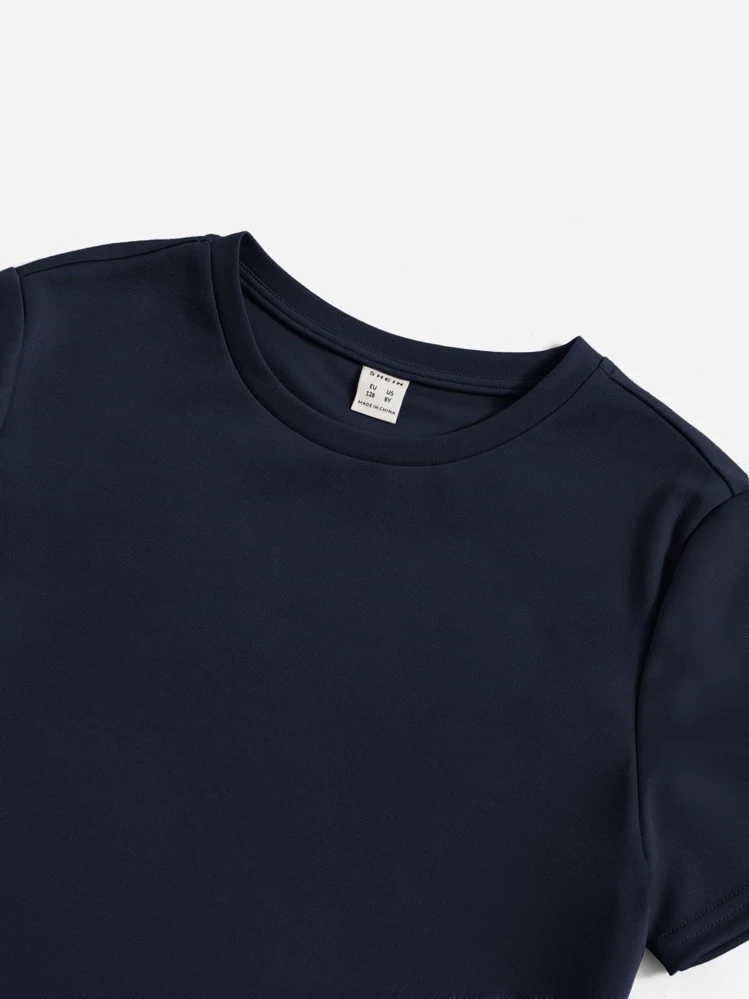 SHEIN Leap Crew เด็กผู้ชาย ชุดเสื้อยืด พิมพ์ สโลแกน & กางเกงวอร์ม - สีกรมท่า - ดู 3