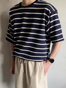 DAZY Hombres Camiseta con estampado de rayas - Azul Marino - Ver 1