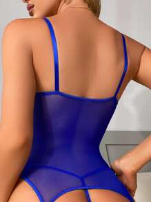 Bộ đồ lót Corset ren hoa có dây buộc với 1 đôi vớ - Màu xanh lam - Xem 2